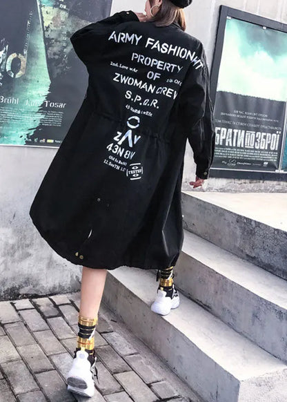 Modern Black Peter Pan Collar Zippered Fall Denim Long Sleeve Trench Coats
