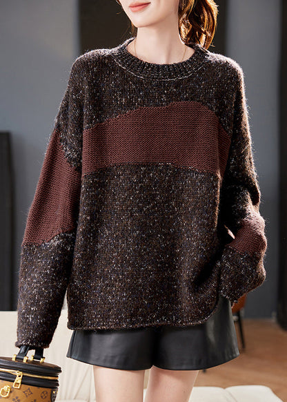 Coffee O Neck Cozy Patchwork Knit Sweater Winter