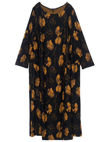 Fine Black O-neck Oversized Print Cashmere Dresses Spring