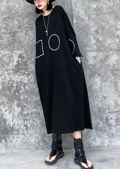 French Black-flower Tunics for O Neck Pockets a Line Dress