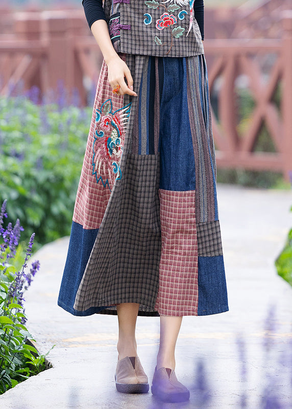 Blue Embroideried Plaid Patchwork Elastic Waist a Line Skirt Summer
