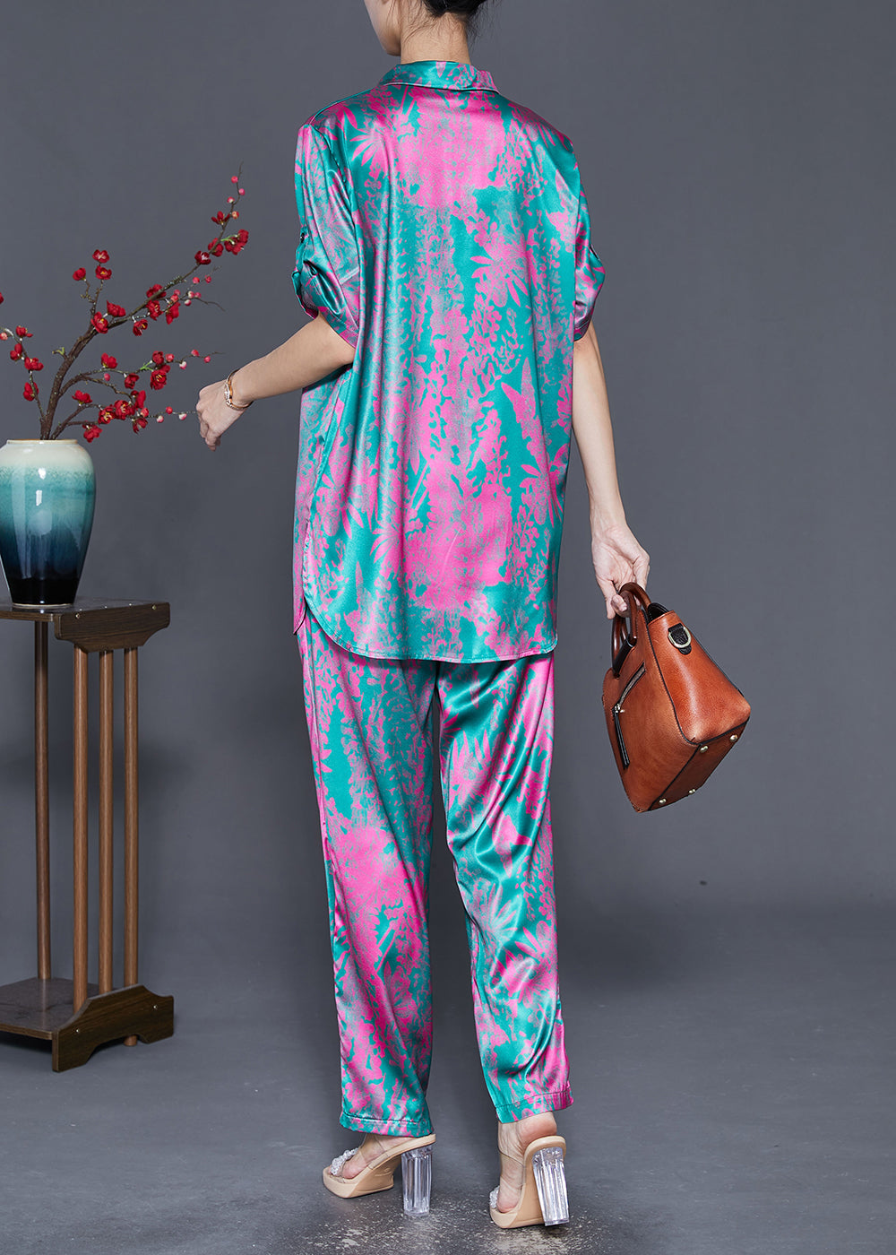 Rose Print Silk Two Piece Set Clothing Side Open Fall