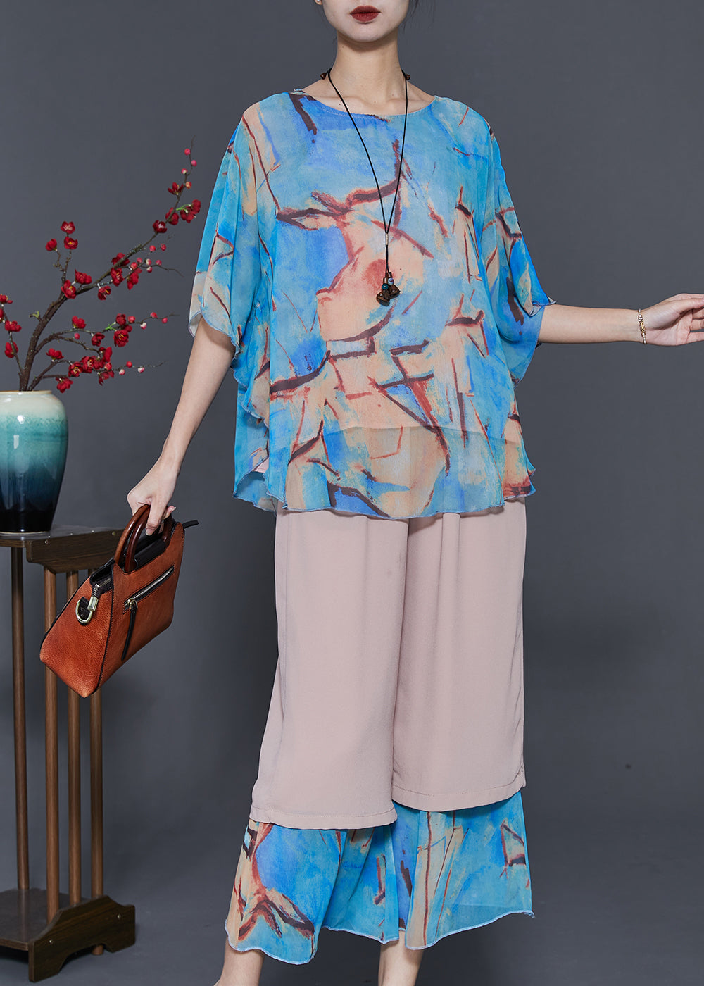 Blue Patchwork Chiffon Sets 2 Pieces Oversized Summer