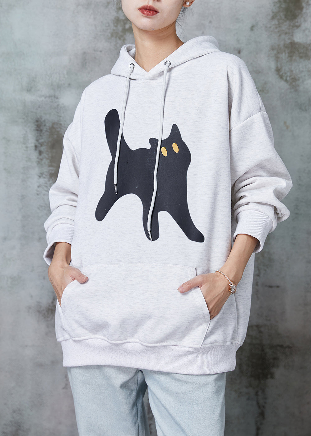 Grey Hooded Cat Print Warm Fleece Sweatshirt Tops Spring