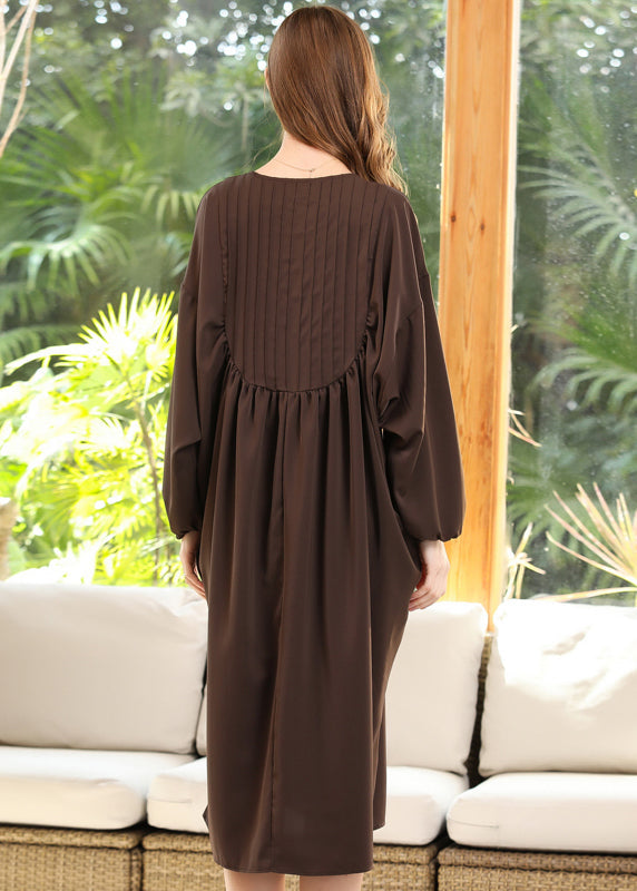 Coffee Patchwork Chiffon Robe Dresses O-neck Wrinkled Batwing Sleeve