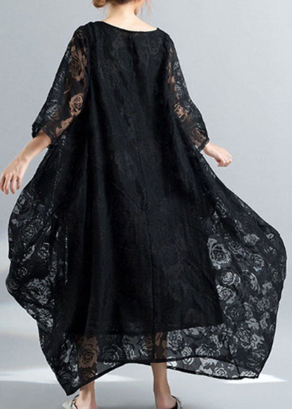 Black O-neck Embroideried Lace Long Dress Bracelet Sleeve