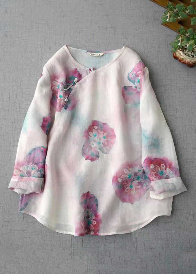Pink O Neck Print Chinese Button Linen Blouse Top Fall