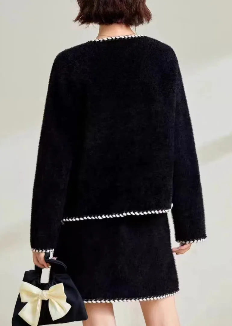 Boutique Black O-neck Pockets Mink Hair Knitted Two Pieces Set Fall