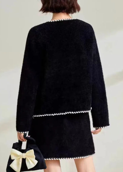 Boutique Black O-neck Pockets Mink Hair Knitted Two Pieces Set Fall