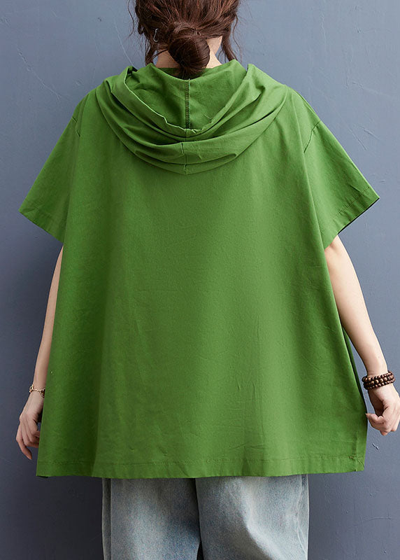 Stylish Green Drawstring Hooded Pockets Cotton Loose Sweatshirt Tops Short Sleeve