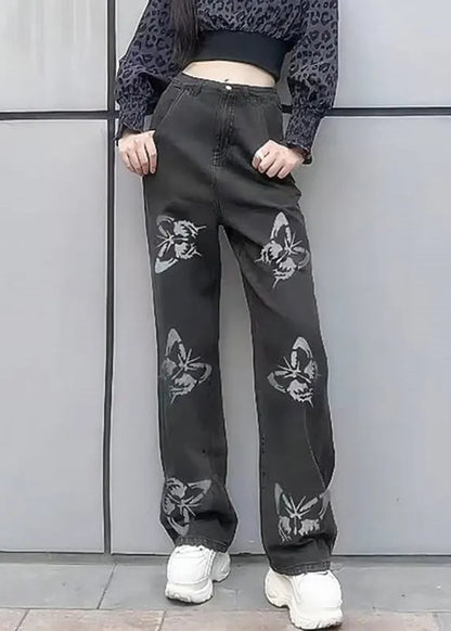 New Light Blue Butterfly Print Patchwork Denim Wide Leg Pants