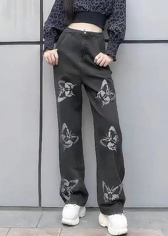 New Light Blue Butterfly Print Patchwork Denim Wide Leg Pants