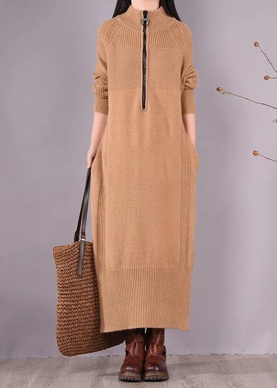 French Khaki Dress Zippered Pockets Dresses Spring Dress