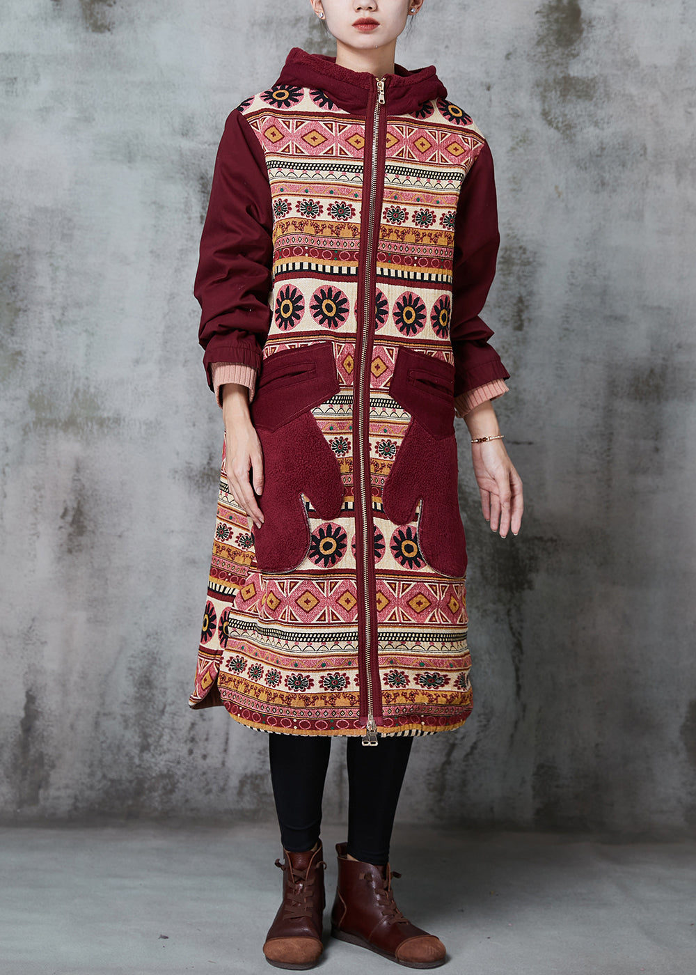 Mulberry Hooded Print Pockets Fine Cotton Filled Coats Winter