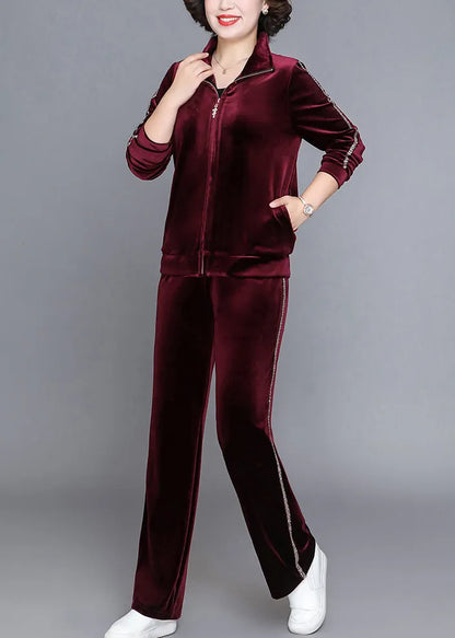 Handmade Wine Red Stand Collar Zippered Silk Velour Coats and Straight Pants Two Piece Set Fall