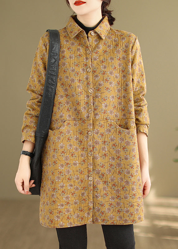 Purple Peter Pan Collar Pockets Print Warm Fleece Coat Winter