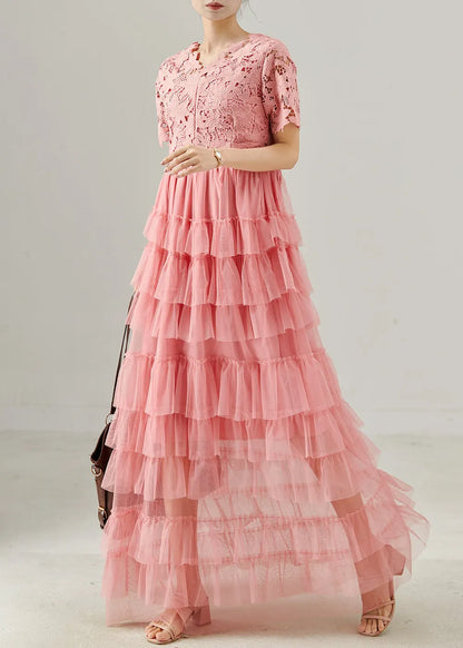 Pink V Neck Patchwork Tulle Long Dress Summer
