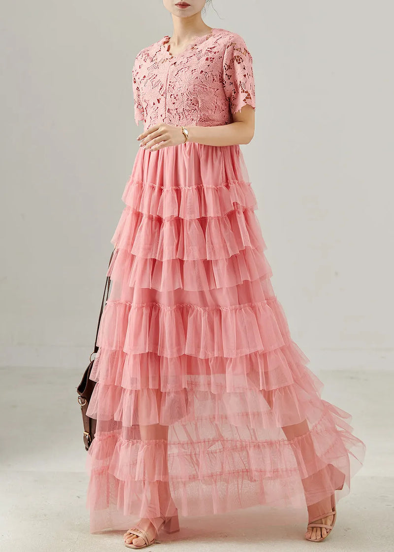 Pink V Neck Patchwork Tulle Long Dress Summer