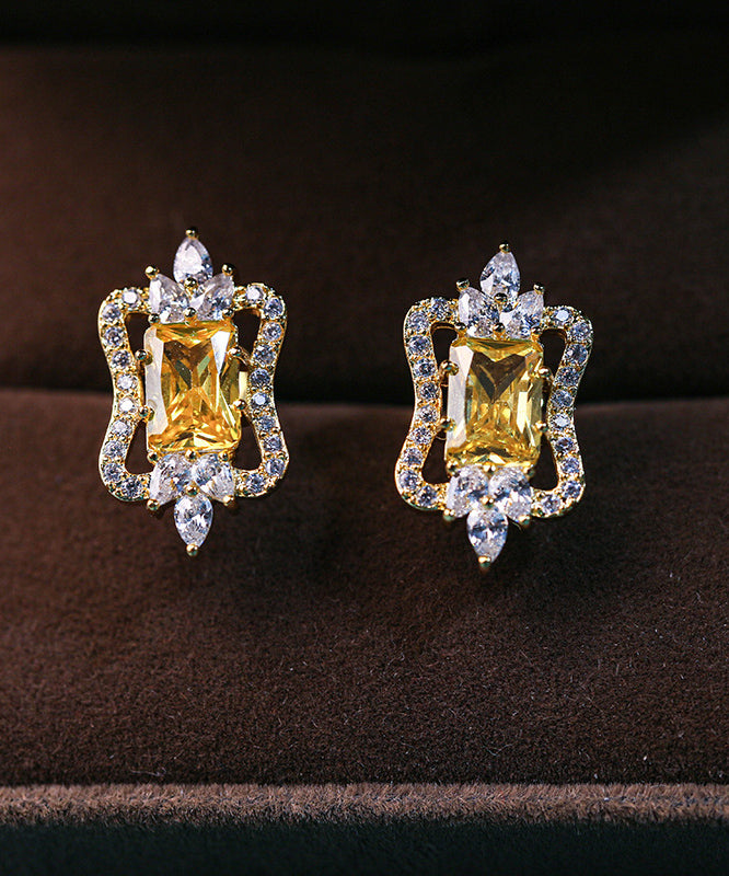 Yellow Sterling Silver Overgild Zircon Stud Earrings