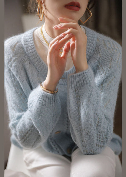 Light Blue O-neck Hollow Out Ma Hai Mao Knit Cardigan Spring