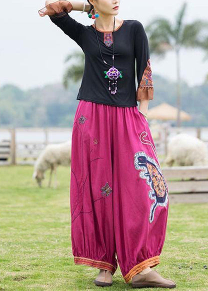 Handmade Black Patchwork Earthy Yellow Embroideried Top and Lantern Pants Two Pieces Set Summer