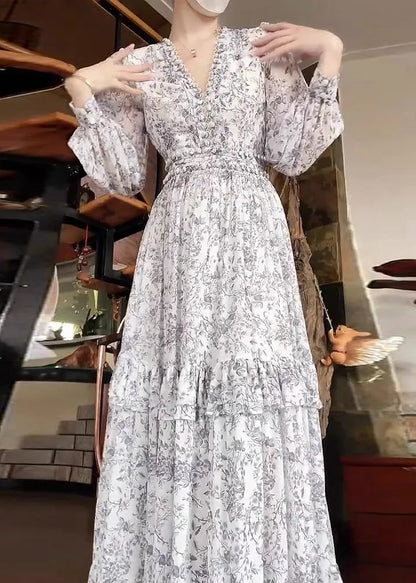 White Ruffled Print Chiffon Dress Long Sleeve