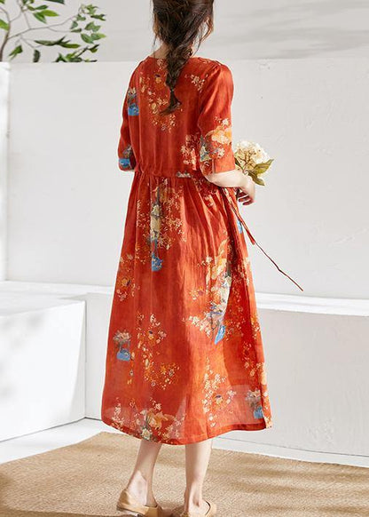 Style Orange Print O-neck Tie Waist Summer Ramie Party Dress Half Sleeve