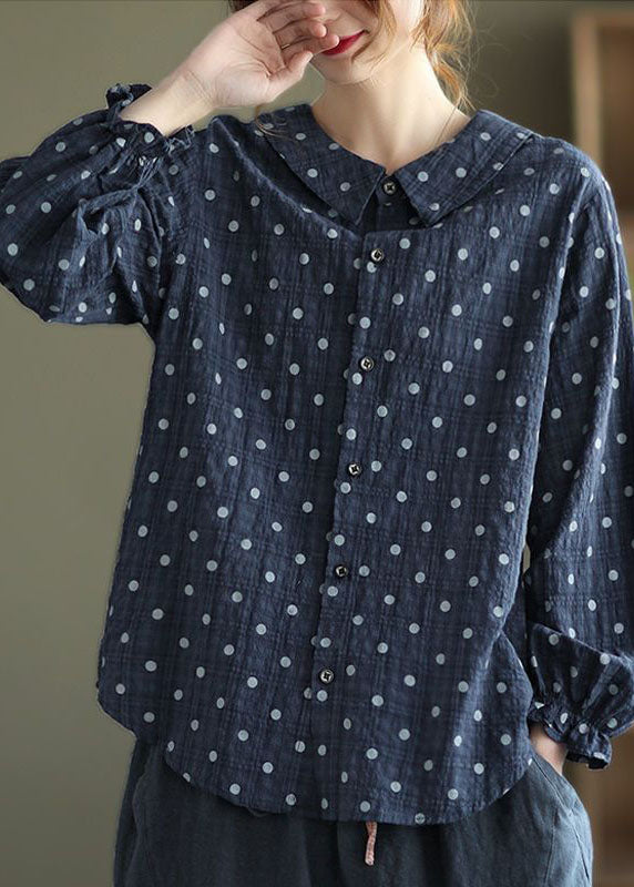 Navy Button Peter Pan Collar Dot Print Shirt Top Lantern Sleeve Fall