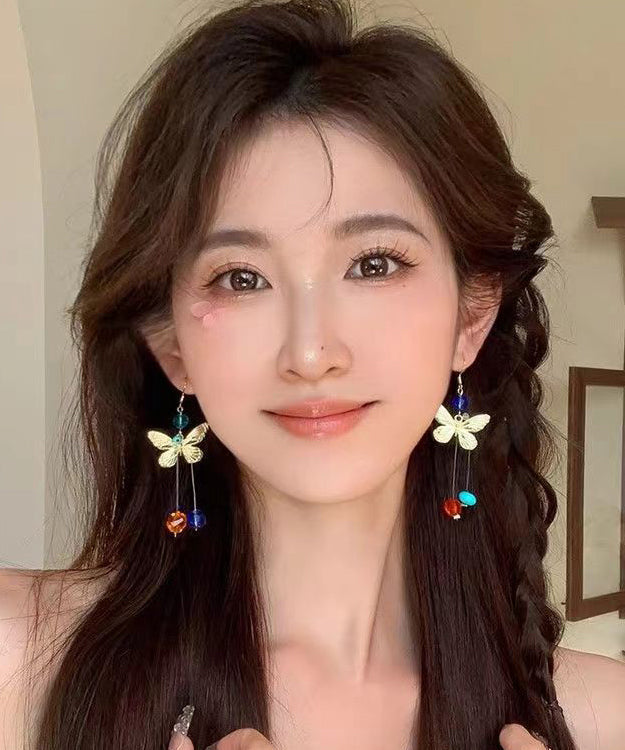 Colorblock Alloy Butterfly Beading Tassel Drop Earrings