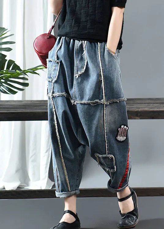 Fitted Denim Blue Patchwork Print Fall Pants