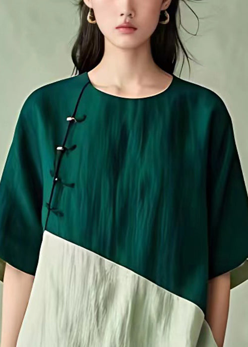 Blackish Green O Neck Button Cotton Shirt Half Sleeve
