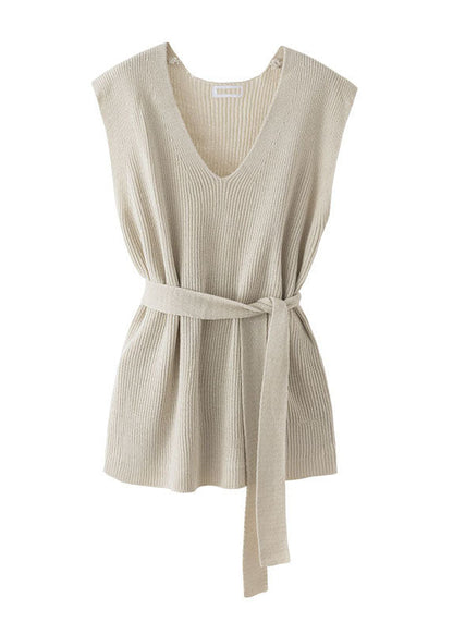 Apricot V Neck Cinched Knit Vest Sleeveless