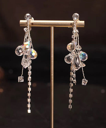 White Alloy Zircon Crystal Tassel Drop Earrings and Hairpiece Two-piece Set