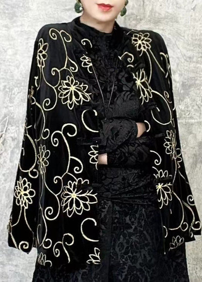 Chinese Style Black O Neck Velour Short Coat Spring