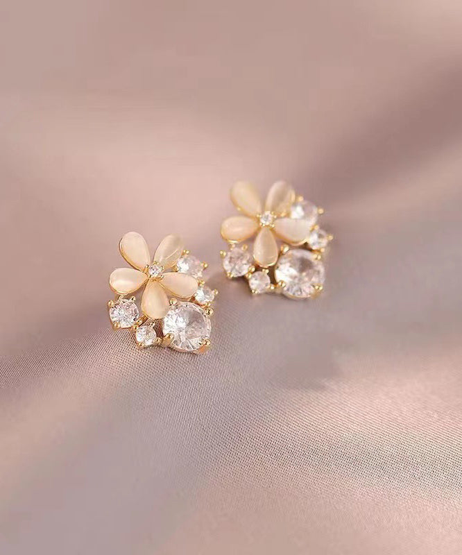 Regular Beige Sterling Silver Overgild Cat's Eye Stone Zircon Stud Earrings