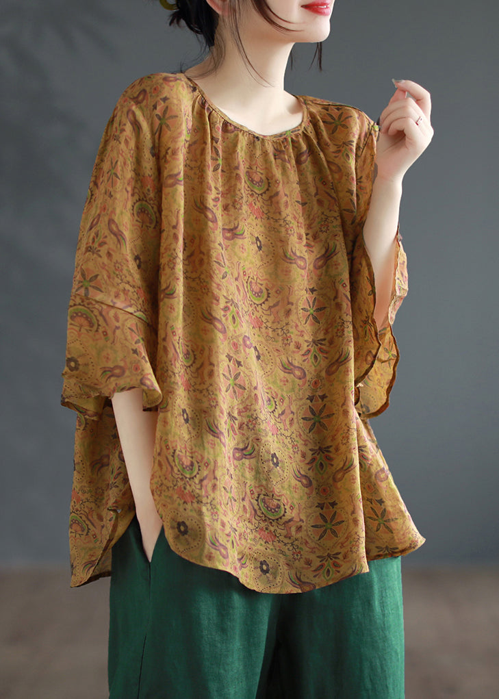 Pink Print Patchwork Linen Shirts Flare Sleeve