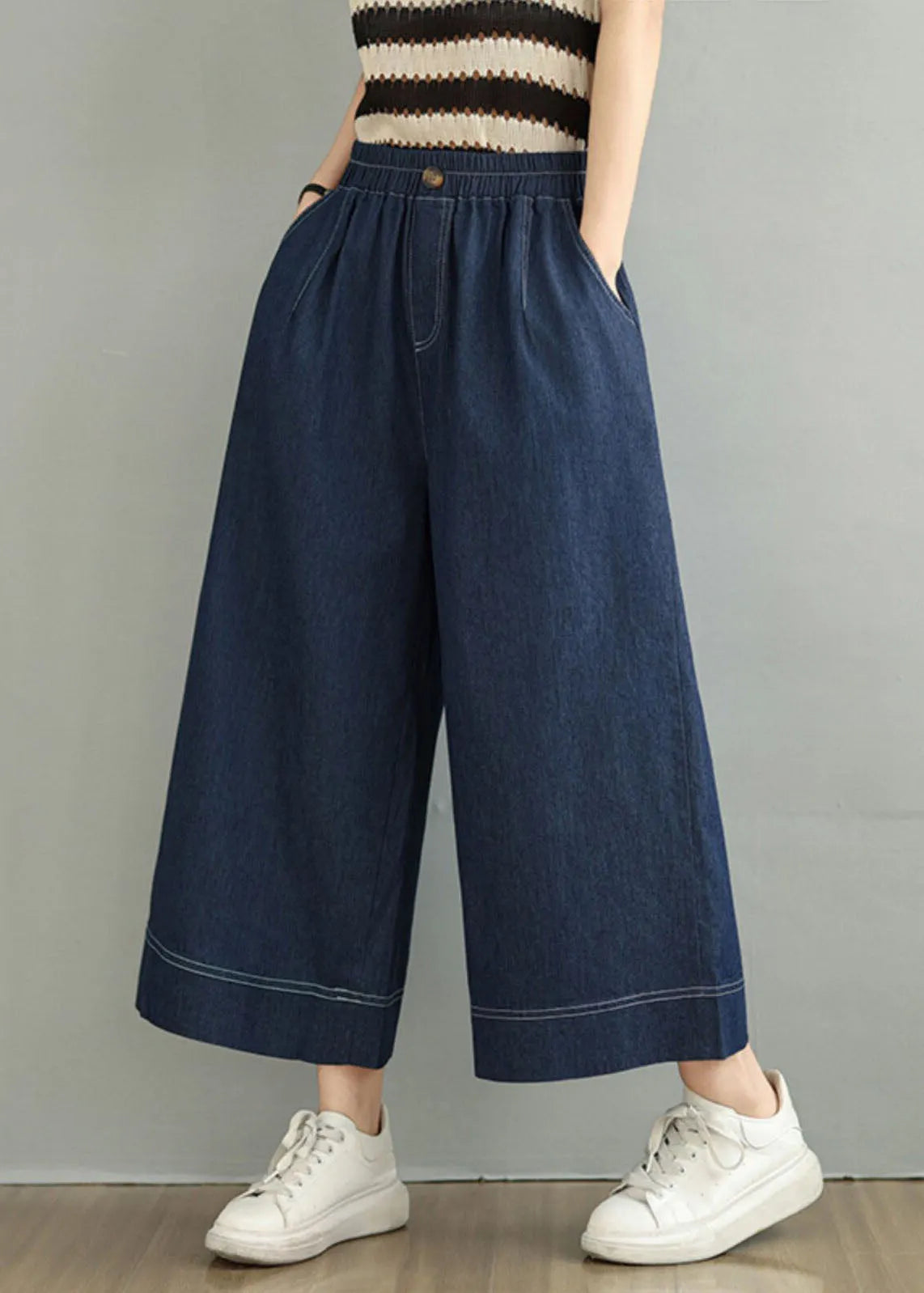 Loose Blue Pockets Elastic Waist Denim Crop Pants Spring