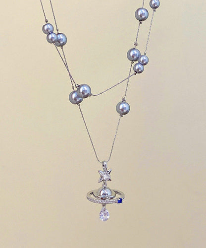 Grey Copper Alloy Double-layer Pearl Spaceship Pendant Necklace