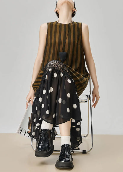 Art Striped Hollow Out Lace Patchwork Cotton Long Dresses Sleeveless