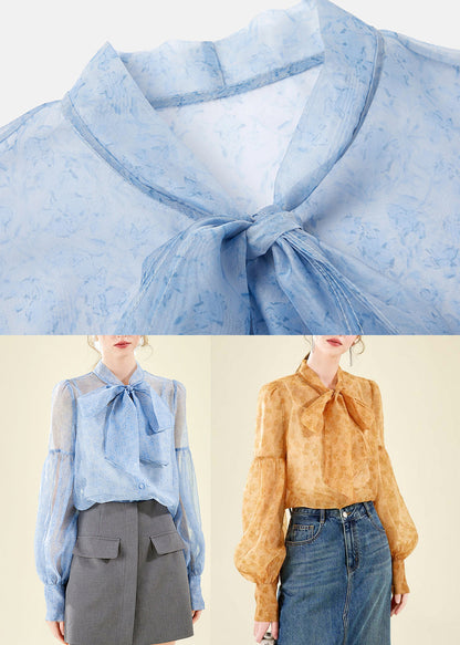Orange Stand Collar Chiffon Top Lantern Sleeve