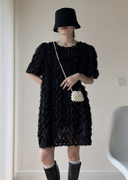 Art Black O-neck Ruffled Patchwork Tulle Mid Dresses Summer