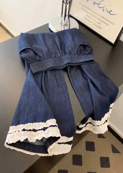 Navy Pockets Lace Patchwork Denim Wide Leg Pants Fall
