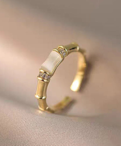 Stylish Gold Cat's Eeye Chalcedony Bamboo Joint Gold Plated Open Mouth Rings