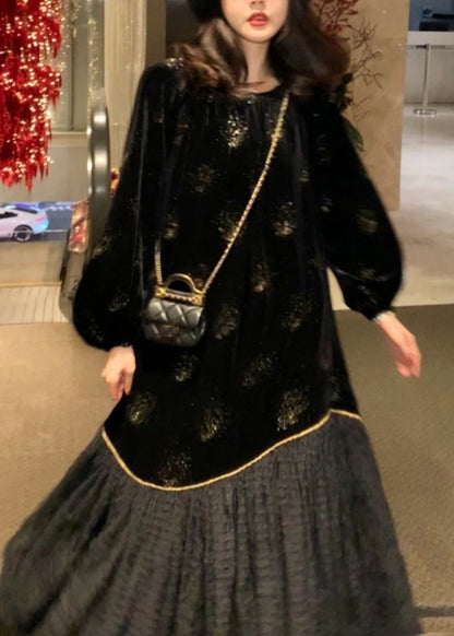 Organic Black O-neck Patchwork Sequins Silk Velour Maxi Dress Fall