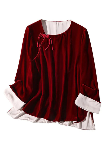 Natural Mulberry O-neck Side Open Silk Velour Shirts Long Sleeve