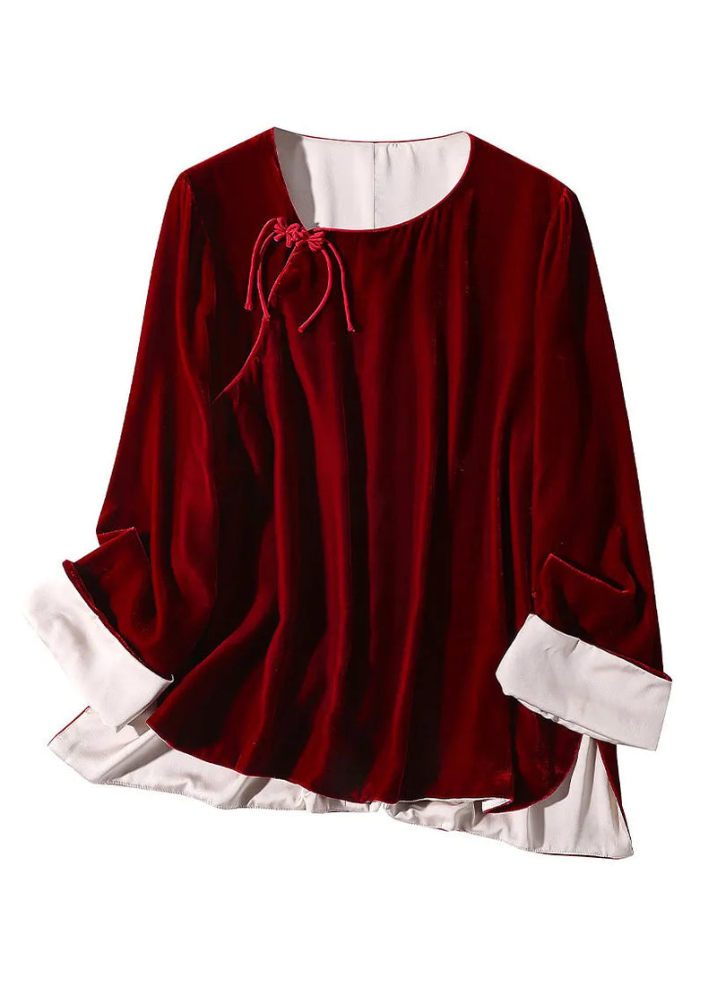 Natural Mulberry O-neck Side Open Silk Velour Shirts Long Sleeve