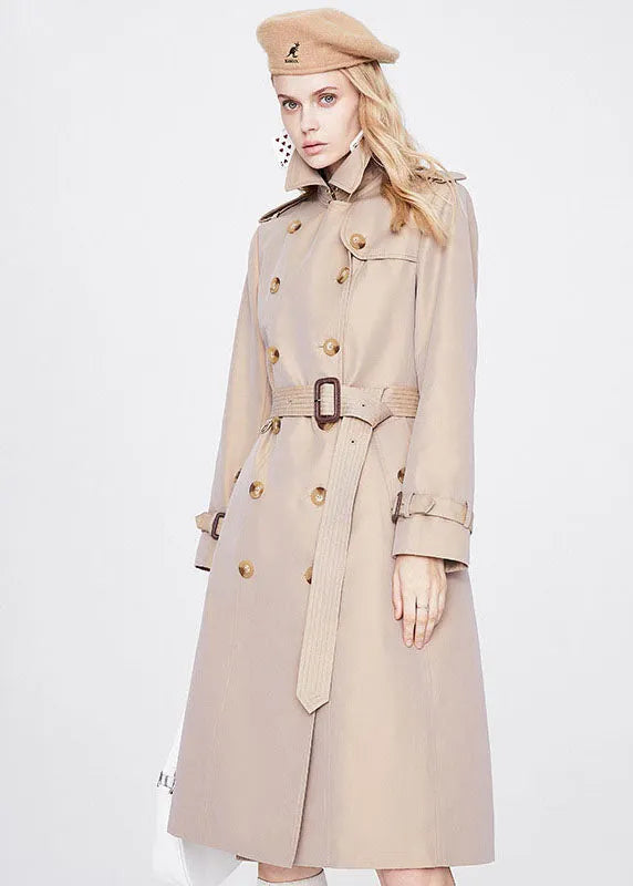 Khaki Peter Pan Collar Sashes Slim Fit Cotton Double Breast Coats Spring