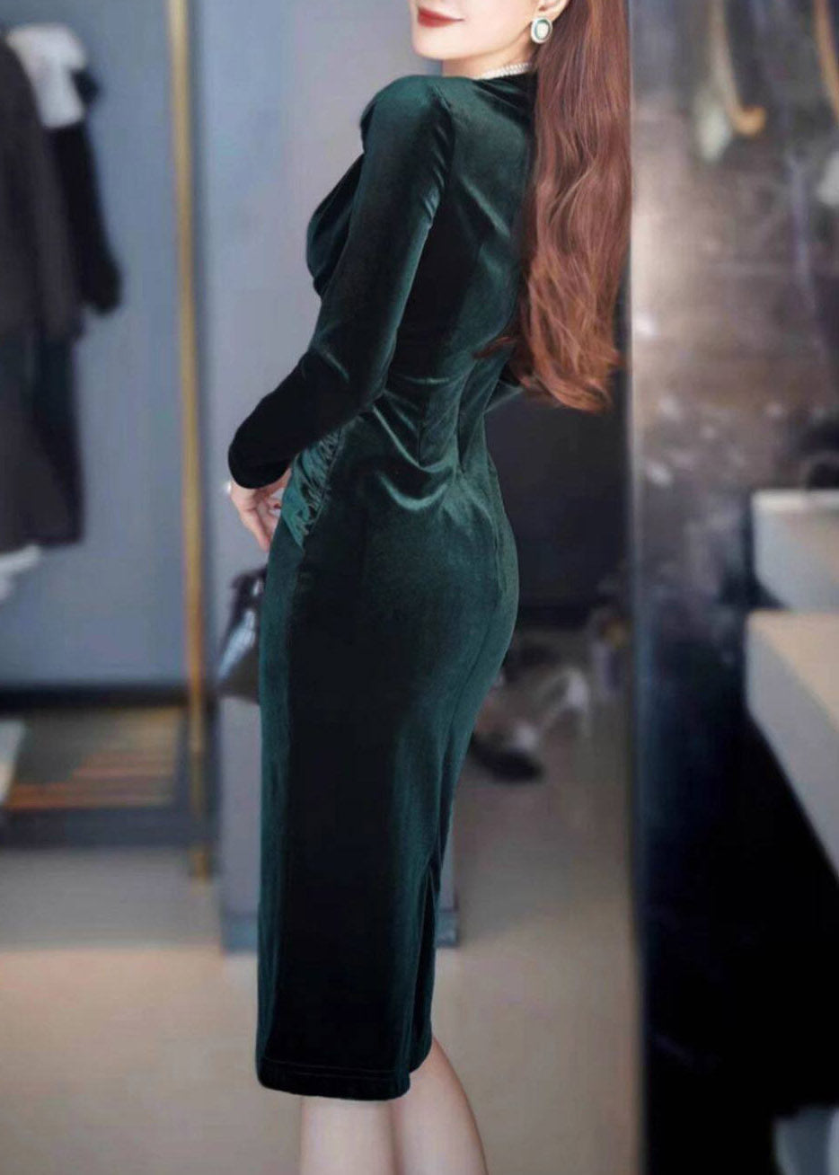 Blackish Green Cinched Patchwork Silk Velvet Long Dresses Fall