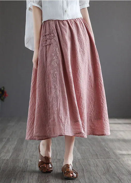 Pink Embroideried Chinese Button Linen Skirts Spring