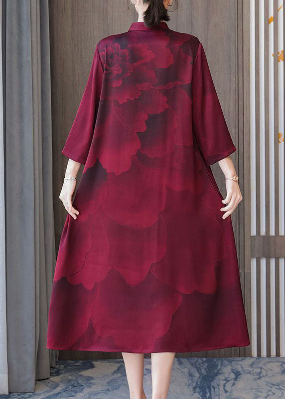 Red Stand Collar Print Silk Robe Dresses Bracelet Sleeve Spring